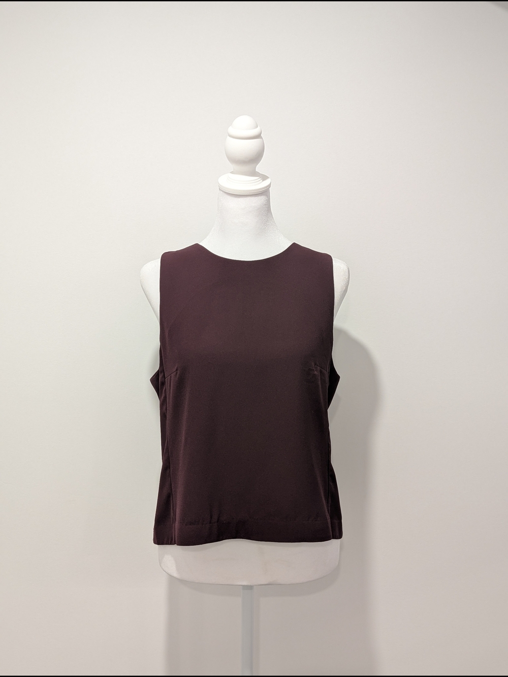 Dynamite Sleeveless Crewneck Open Back Blouse in Deep Burgundy